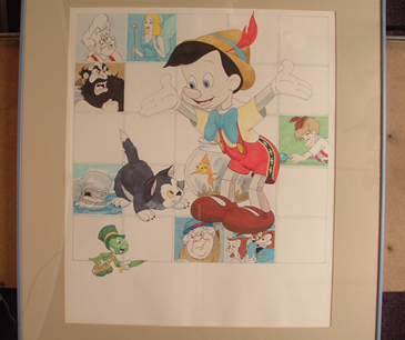 Pinocchio original painted poster. 16" x 16" for publicity poster of all major characters in ink and watercolor. Framed. $1800.00
