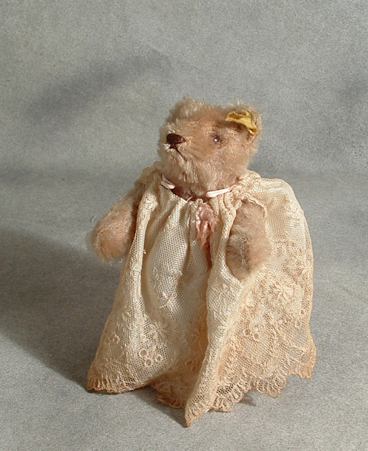 1950 15cm Steiff Mohair Dressed Ginger Teddy Bear, no chest tag. $195.00
