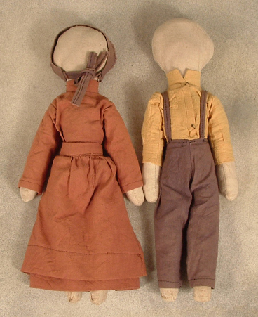 13" Pair of Amish cloth dolls c1932 (redressed c1955) from Lancaster County, Pa $450.00