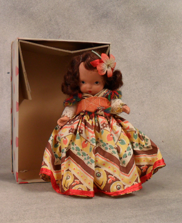 Portuguese jointed leg fat tummy doll in variation outfit, MIB $95.00