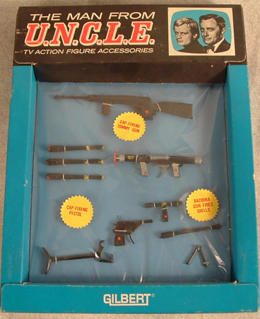 Action figure accessories by Gilbert from 1965 with Cap-Firing Tommy Gun, Cap-Firing Pistol and Bazooka gun fires shells. $175.00