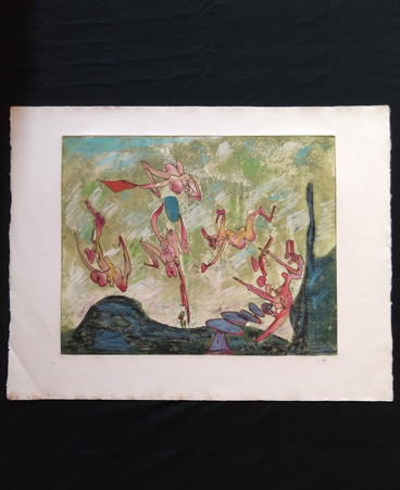 Roberto Matta 'Les Escrobates' pastel on etching