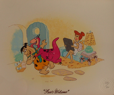 Flintstones sericel showing Dino jumping on Fred