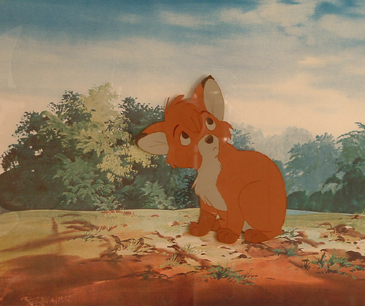 Young Todd from the Fox and the Hound. 1981. 4.5" x 4" cel size. Full Figure Eyes Open. On xeroxed background. Framed $795.00