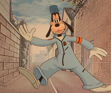 Goofy in garage uniform walking down a street. Color xeroxed background Matted. 6" x 7" cel size. $495.00 