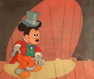 Mickey from a Hasbro Commercial. Large cel full figure eyes open. Wearing crazy tux color xeroxed background $1100.00