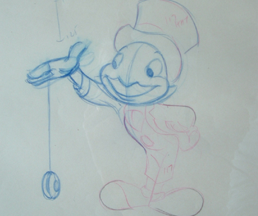 Pinocchio: Jiminy Cricket. 6" x 5" Blue and red pencil clean-up. Framed $290.00