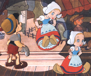 Pinocchio with Dutch marionettes. 9" x 12" Production cel on pre-production master background. Framed $15,000.00
