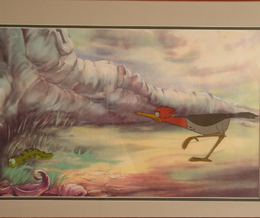 Roadrunner and Worm from The Fox and the Hound. 9" x 14" image size. color xerox background framed. Trimmed acetate. $390.00