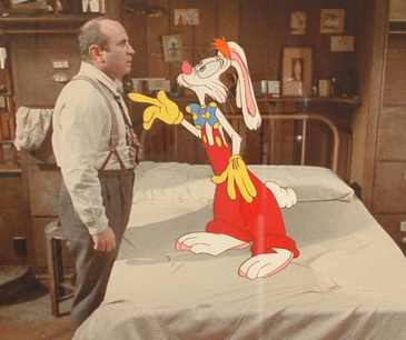 Roger Rabbit: Roger and Eddie in bedroom. 10" x 16" Image Size. Color Photo Background. Framed. Full Figure, Eyes Open. $3250.00