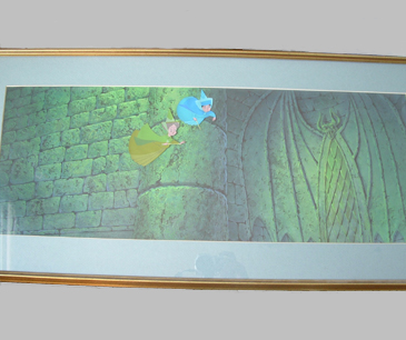 Sleeping Beauty Merriweather and Fauna approaching castle. 10.5" x 30" Production cel on original handpainted Evan Earl background. Framed $12,000.00