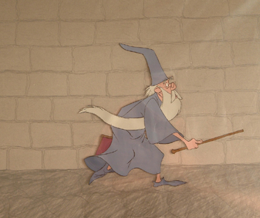 The Sword in the Stone's Merlin Running with book and wand. Full figure eyes open profile. Hand prepared background, Matted. $975.00
