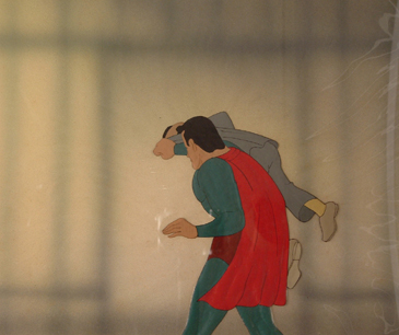Superman throwing Mad Scientist into jail. 6.5" x 5.5" Production cel. Framed $7000.00