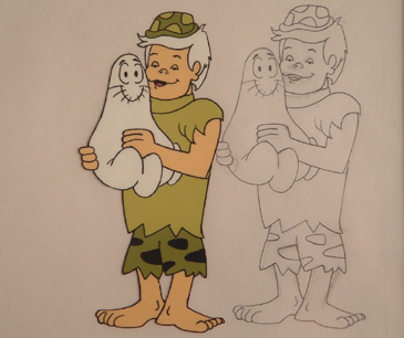 Bamm Bamm as teen holding a shmoo. 5" x 4.5" cel size. drawing and color cel from 1970s TV.s $650.00 for pair.