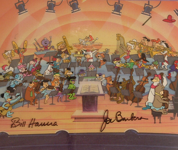 44 Hanna Barbera Characters playing in the 50th anniversary symphony. 15" x 11" image size. Signed Framed. $1500.00