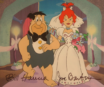 Fred and Pebbles walking down the aisle. 7.5" x 6" Production cel, signed. Matted. $500.00