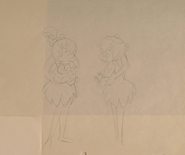 Pebbles and Bamm-Bamm being held by Wilma and Betty. 6.5" x 5" cel size. Rough Drawing. $85.00