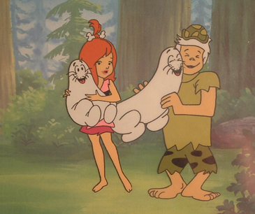 Pebbles and Bamm Bamm and teens each holding a shmoo. Color background. Matted. From 1970s TV. $400.00