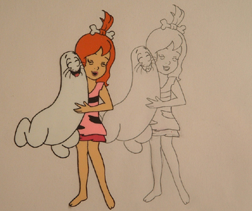 Pebbles as teen holding a shmoo. Drawing and cel. 5" x 4" from 1970s TV $650.00 for pair.