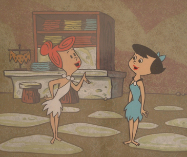 Wilma and Betty. Production cel on key master background from first color season. Matted $2995.00