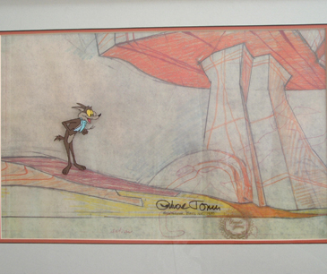 Hungry Wile E Coyote. 3½" x 2" image on preproduction color copied background signed Chuck Jones. Framed $800.00