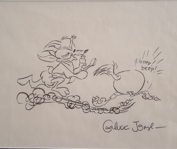 Coyote baby & Beep-Beep original ink for Baby Chase. 7½" x 9½" drawing signed by Chuck Jones in 1988. Framed $650.00