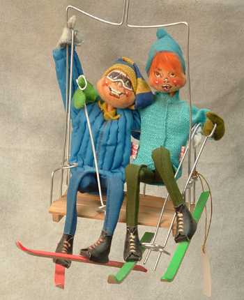 1960s Annalee complete pair of skiers on the lift ready to challenge that black diamond $795.00