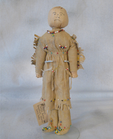 9.5" Iroquois corn husk doll from Brantford, Ontario with tag